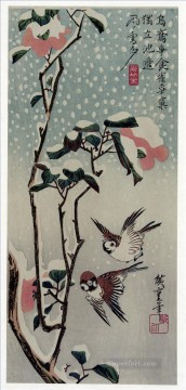  Utagawa Pintura al %c3%b3leo - gorriones y camelias en la nieve 1838 Utagawa Hiroshige Japonés